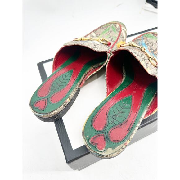 Gucci Princetown Gold Horsebit Tian GG Monogram Bird Print Canvas Mules Size 37 - Picture 2 of 6